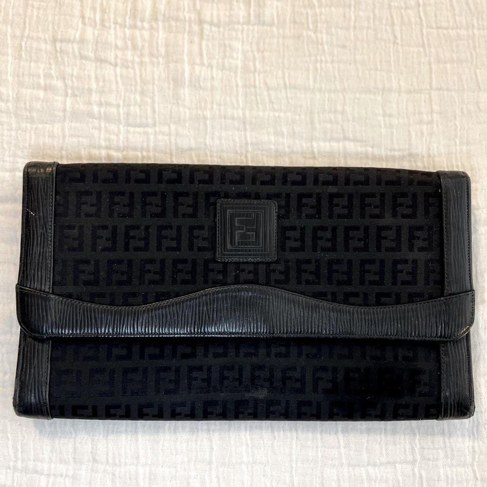 Vintage black Fendi clutch monogram canvas material Fendi logo